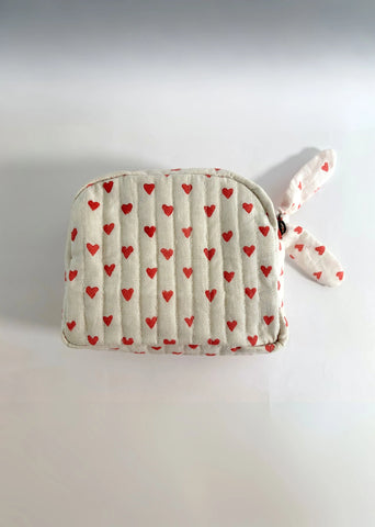 Sustainable Quilted Cotton Travel Pouch- Organizer- Red Hearts On White