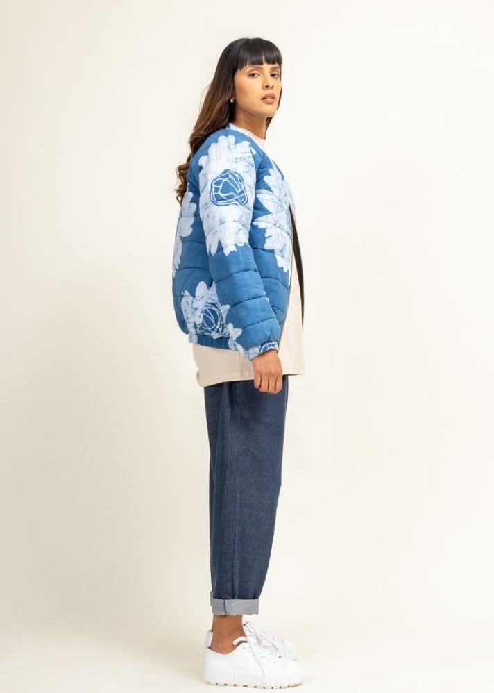 A Model Wearing Multicolor Upcycled Cotton Florence Bomber Jacket, curated by Only Ethikal