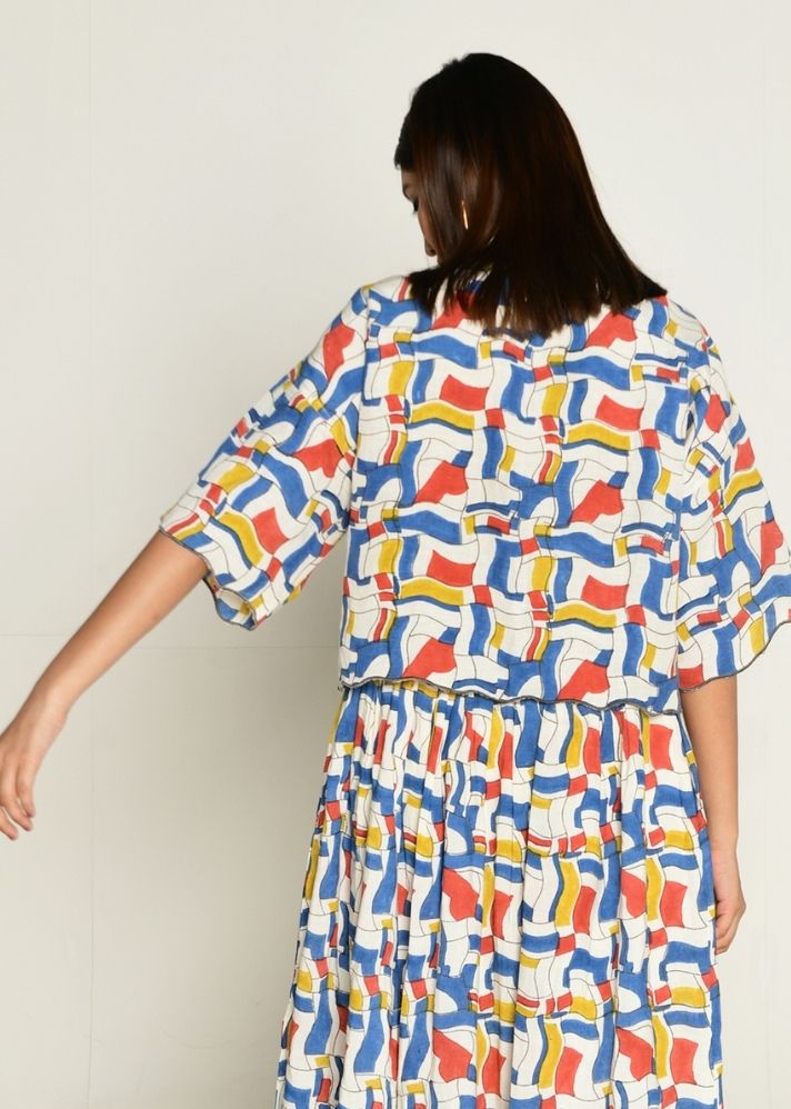 A Model Wearing Multicolor Linen tencil Escher Shirt, curated by Only Ethikal