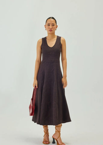 Linen Brown U-Neck Flare Midi Dress