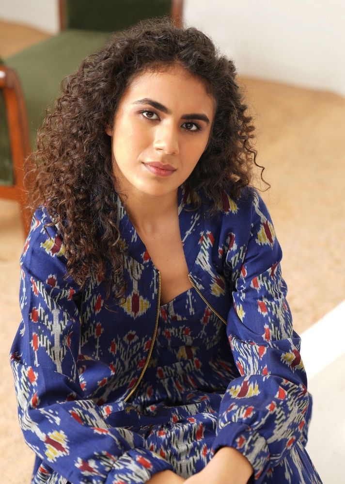 A Model Wearing Blue Handwoven Cotton Paisley Jacket , curated by Only Ethikal