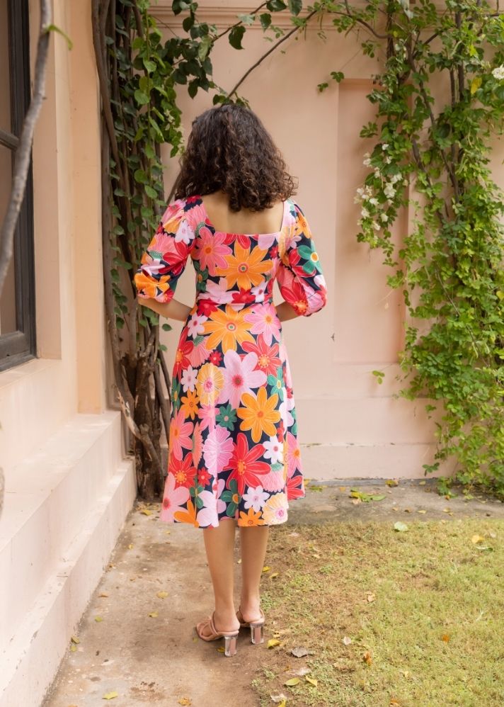 A Model Wearing Multicolor Organic Cotton Blair Dress- Mosaic Pink Print, curated by Only Ethikal