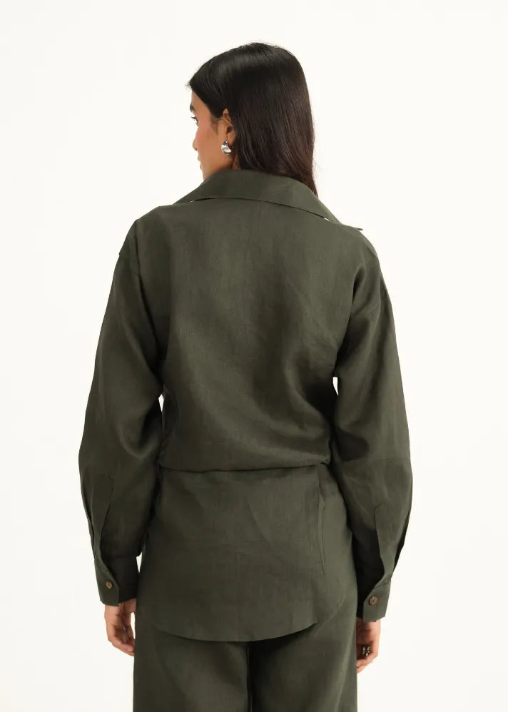 A Model Wearing Green Linen Dark Green Linen Shirt , curated by Only Ethikal