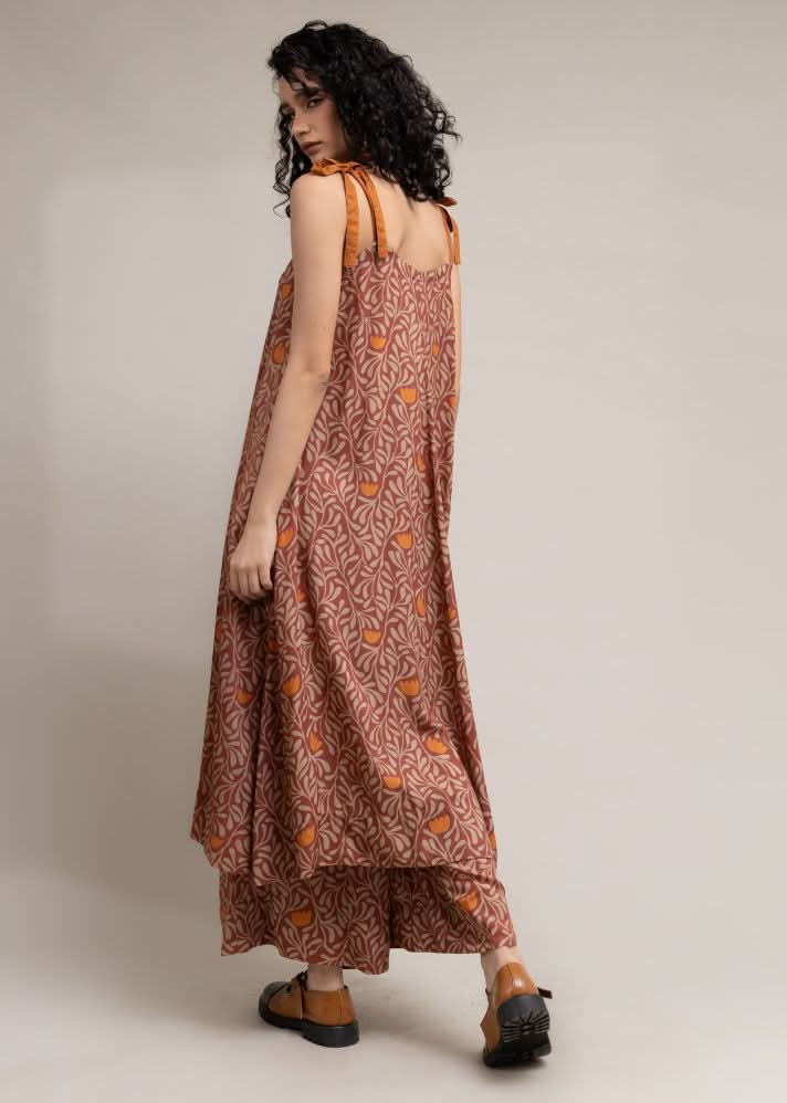 A Model Wearing Brown Upcycled Cotton  Yui Printed Set, curated by Only Ethikal