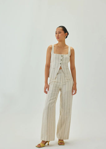 Linen Off White Striped Straight Pants