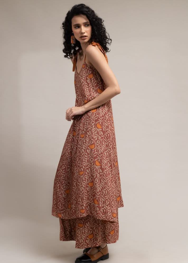A Model Wearing Brown Upcycled Cotton  Yui Printed Set, curated by Only Ethikal