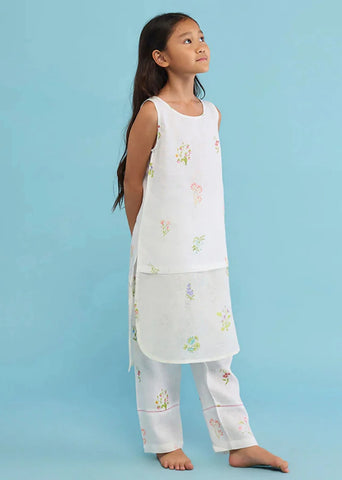 Kids Aneya Patchwork Floral Linen Kurta Set- White