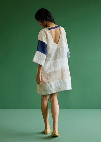 Lina Color-Blocked Linen Dress- Ivory