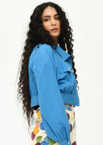 A Model Wearing Multicolor Organic Cotton Deep Space Crop Jacket , curated by Only Ethikal