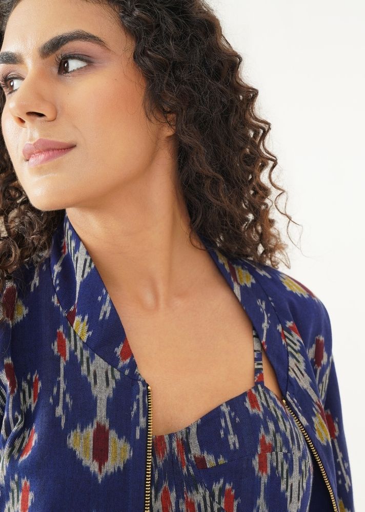 A Model Wearing Blue Handwoven Cotton Paisley Jacket , curated by Only Ethikal