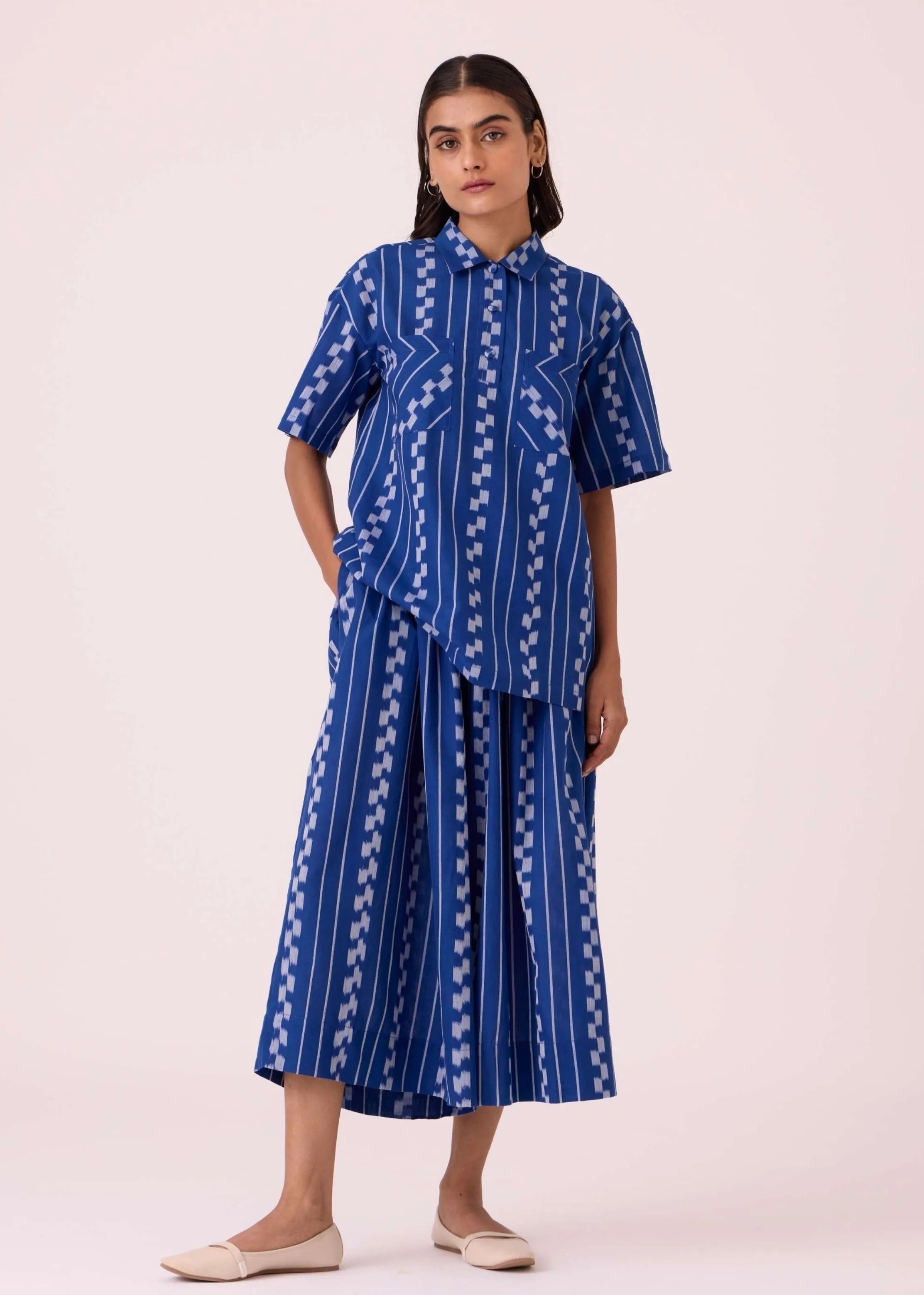 A Model Wearing Multicolor Handwoven Cotton Alyosha Blue Striped Ikat Shirt, curated by Only Ethikal