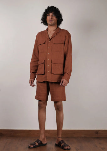 Men'S Brown Crush Cotton Pocket Shirt & Shorts Set (2 Pcs)
