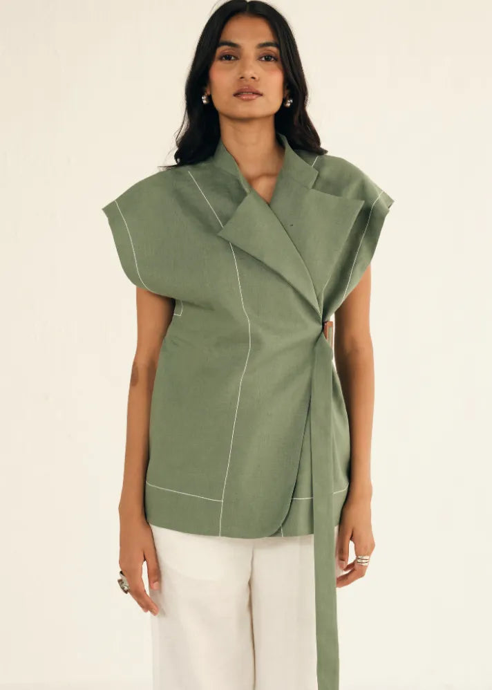 A Model Wearing Green Linen Green Linen Cap Sleeves Jacket, curated by Only Ethikal