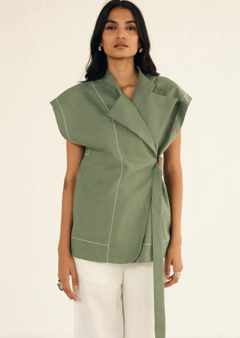 A Model Wearing Green Linen Green Linen Cap Sleeves Jacket, curated by Only Ethikal