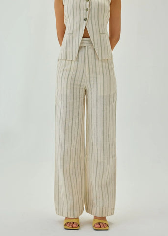 Linen Off White Striped Straight Pants