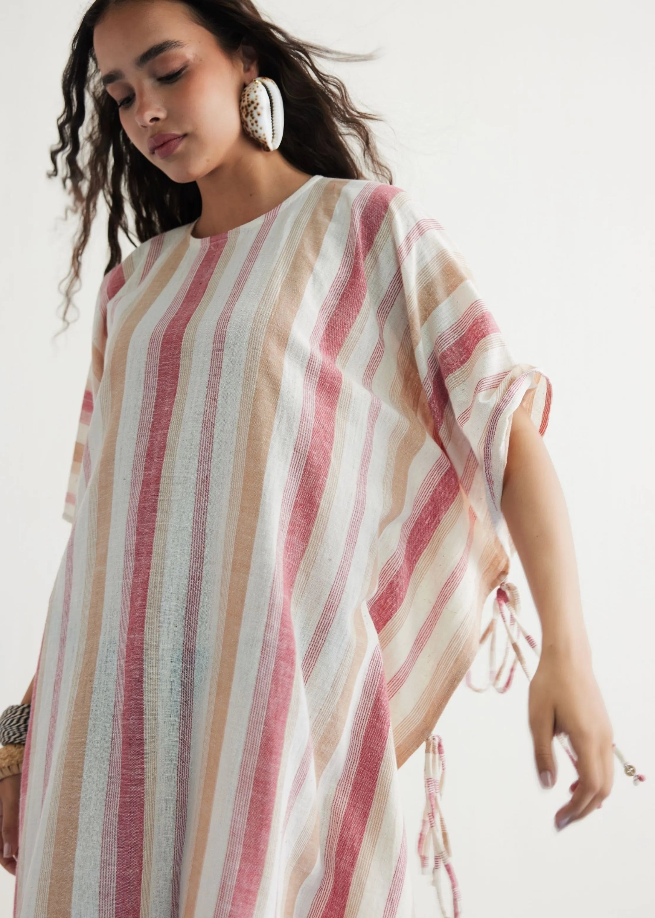 A Model Wearing Off White Handwoven Cotton Saltwater Summer Cotton Off-White Kaftan Dress, curated by Only Ethikal