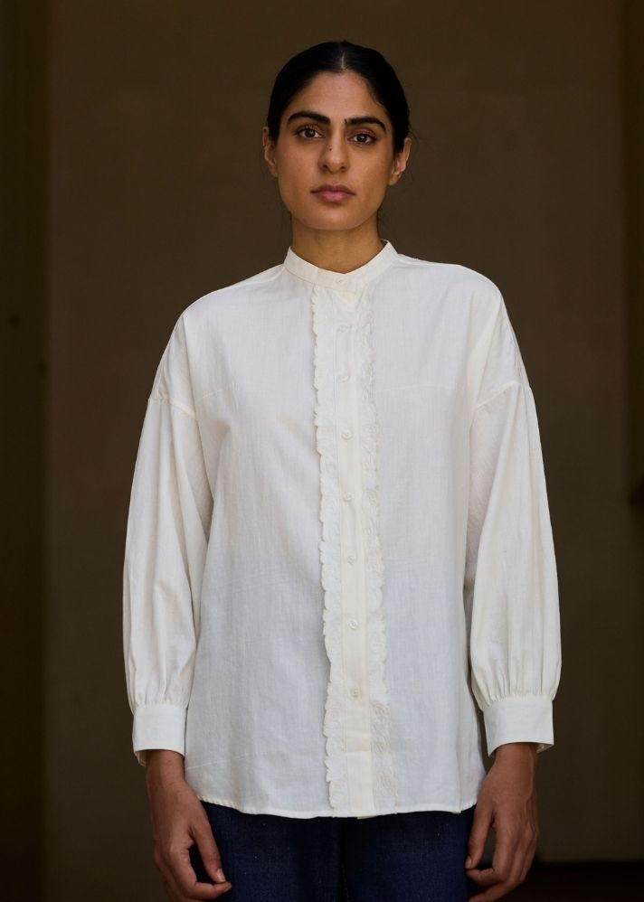 A Model Wearing White Handwoven Cotton Ryuk Handwoven Embroidered Shirt , curated by Only Ethikal