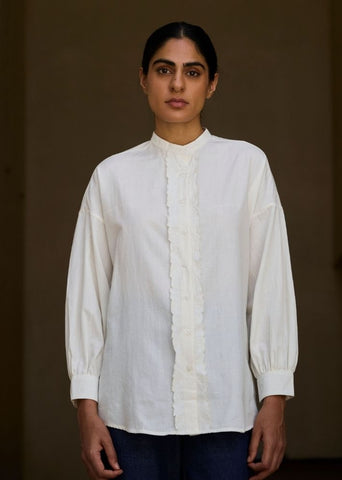 A Model Wearing White Handwoven Cotton Ryuk Handwoven Embroidered Shirt , curated by Only Ethikal
