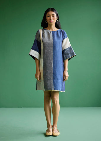 A Model Wearing Navy Linen Lina Color-Blocked Linen Dress- Navy, curated by Only Ethikal