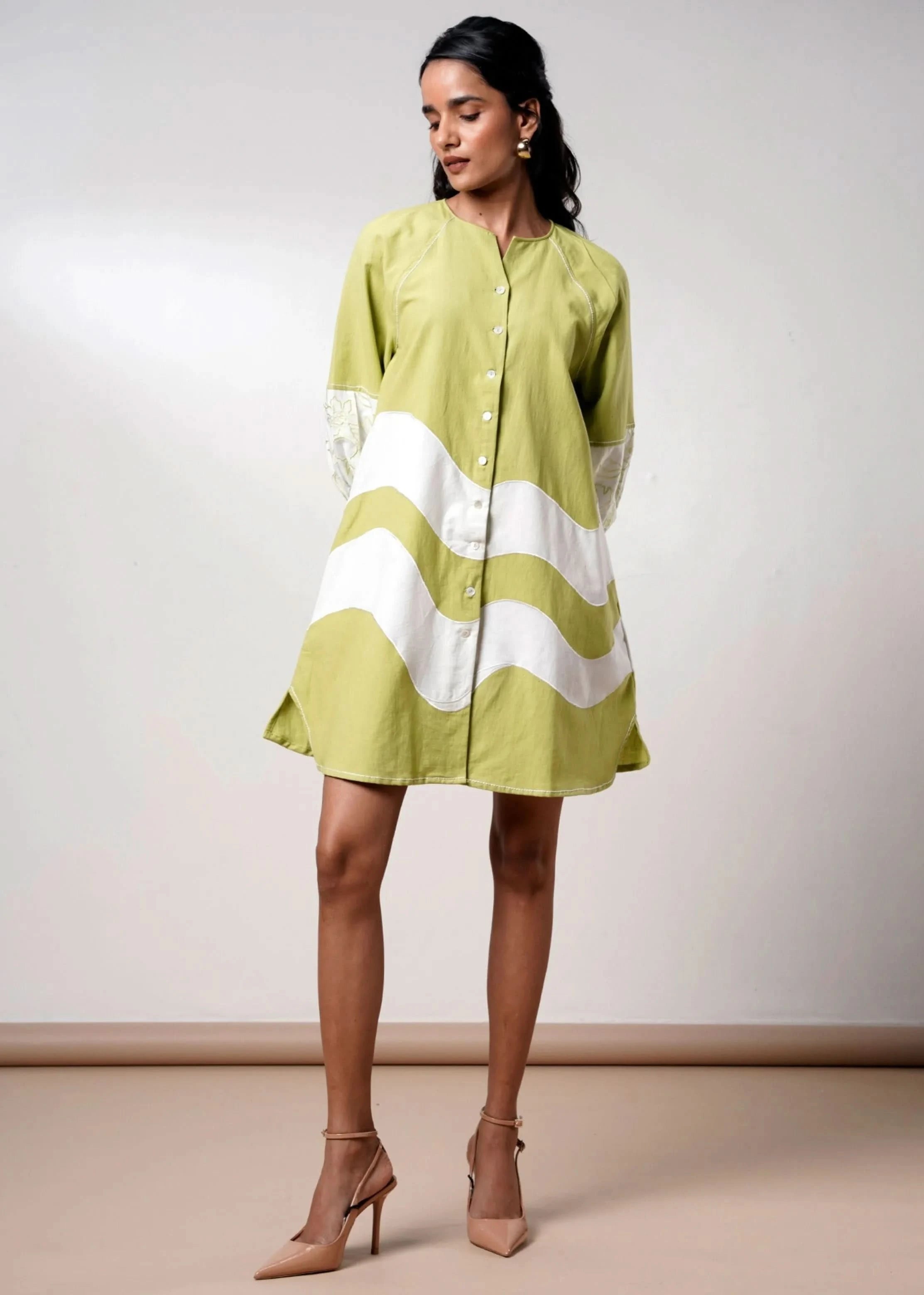 A Model Wearing Multicolor Handloom Cotton  Olive Bloom Handloom Cotton Dress , curated by Only Ethikal