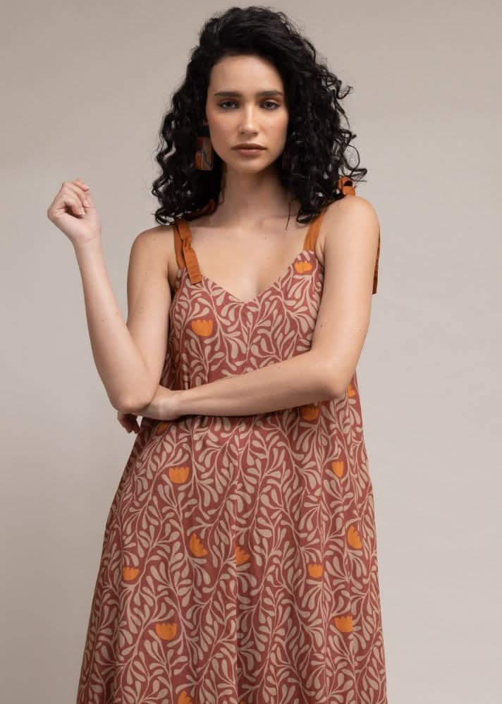 A Model Wearing Brown Upcycled Cotton  Yui Printed Set, curated by Only Ethikal