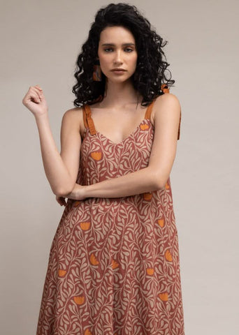 A Model Wearing Brown Upcycled Cotton  Yui Printed Set, curated by Only Ethikal