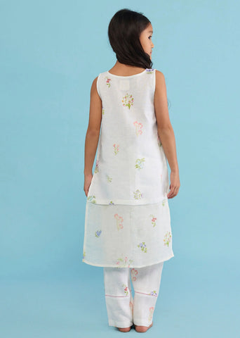 Kids Aneya Patchwork Floral Linen Kurta Set- White