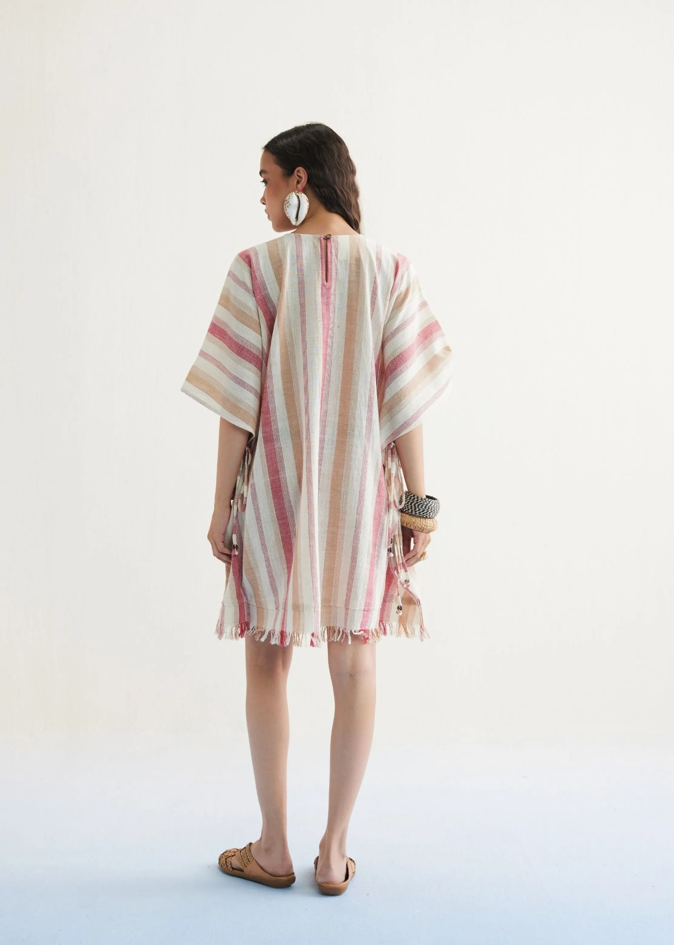 A Model Wearing Off White Handwoven Cotton Saltwater Summer Cotton Off-White Kaftan Dress, curated by Only Ethikal