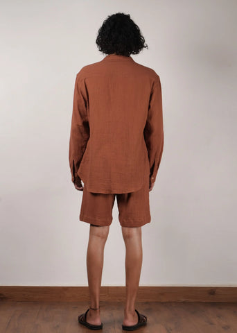 Men'S Brown Crush Cotton Pocket Shirt & Shorts Set (2 Pcs)