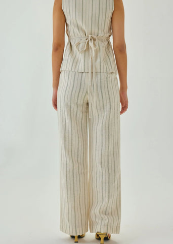 Linen Off White Striped Straight Pants