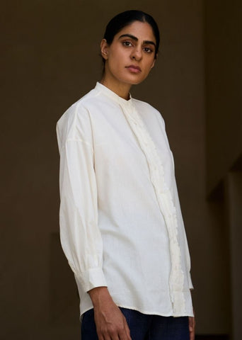 A Model Wearing White Handwoven Cotton Ryuk Handwoven Embroidered Shirt , curated by Only Ethikal
