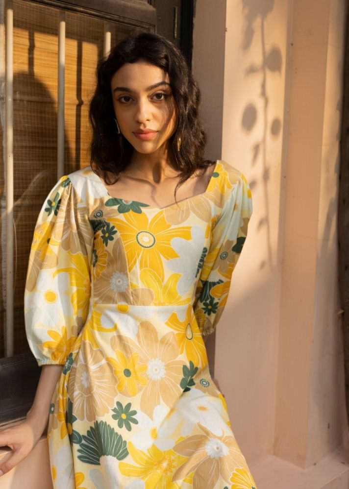 A Model Wearing Multicolor Organic Cotton Blair Dress- Mosaic Yellow Print, curated by Only Ethikal