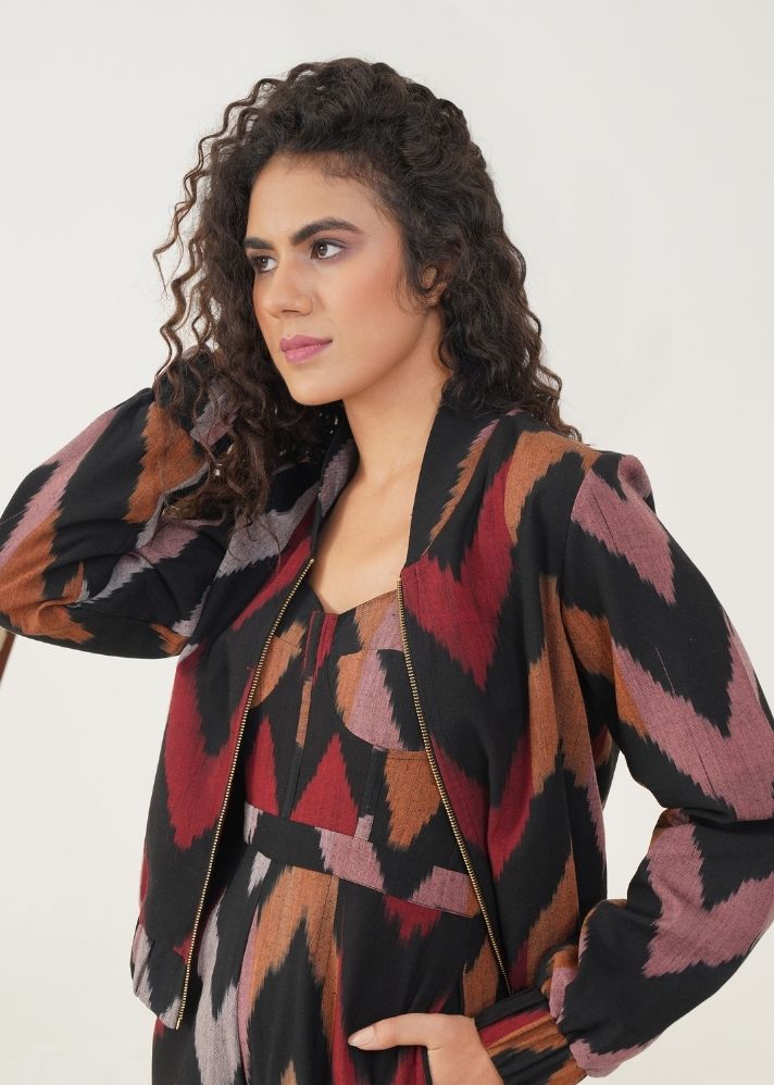 A Model Wearing Multicolor Handwoven Cotton Chaya Jacket, curated by Only Ethikal