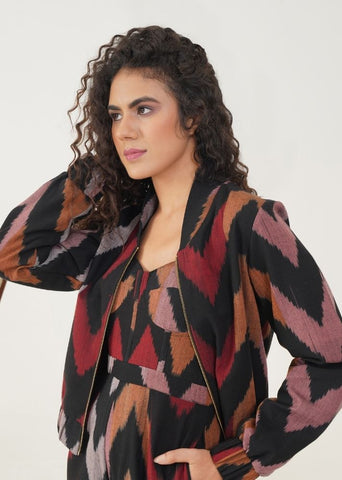A Model Wearing Multicolor Handwoven Cotton Chaya Jacket, curated by Only Ethikal