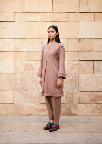 A Model Wearing Brown Wool Brown Iris Set( With Stole ), curated by Only Ethikal