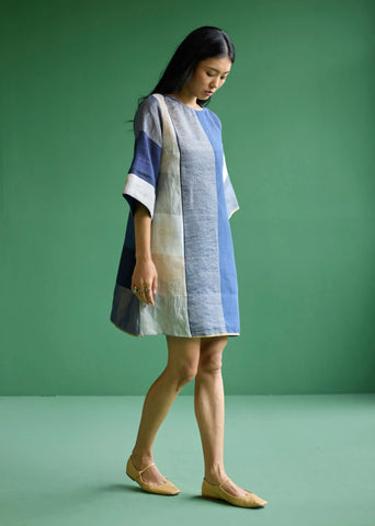 Lina Color-Blocked Linen Dress- Navy