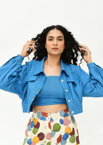 A Model Wearing Multicolor Organic Cotton Deep Space Crop Jacket , curated by Only Ethikal