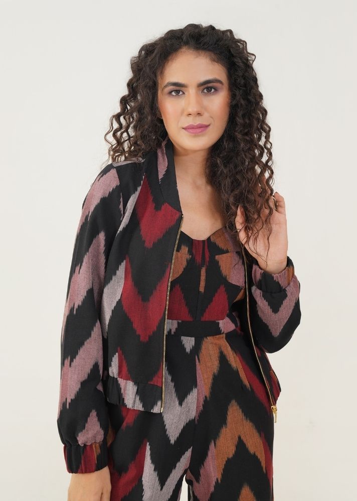 A Model Wearing Multicolor Handwoven Cotton Chaya Jacket, curated by Only Ethikal