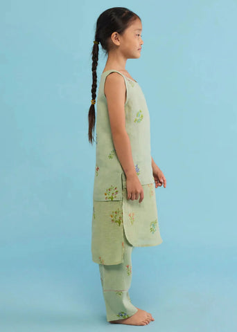 Kids Aneya Patchwork Floral Linen Kurta Set- Mint