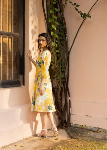 A Model Wearing Multicolor Organic Cotton Blair Dress- Mosaic Yellow Print, curated by Only Ethikal