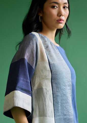 Lina Color-Blocked Linen Dress- Navy