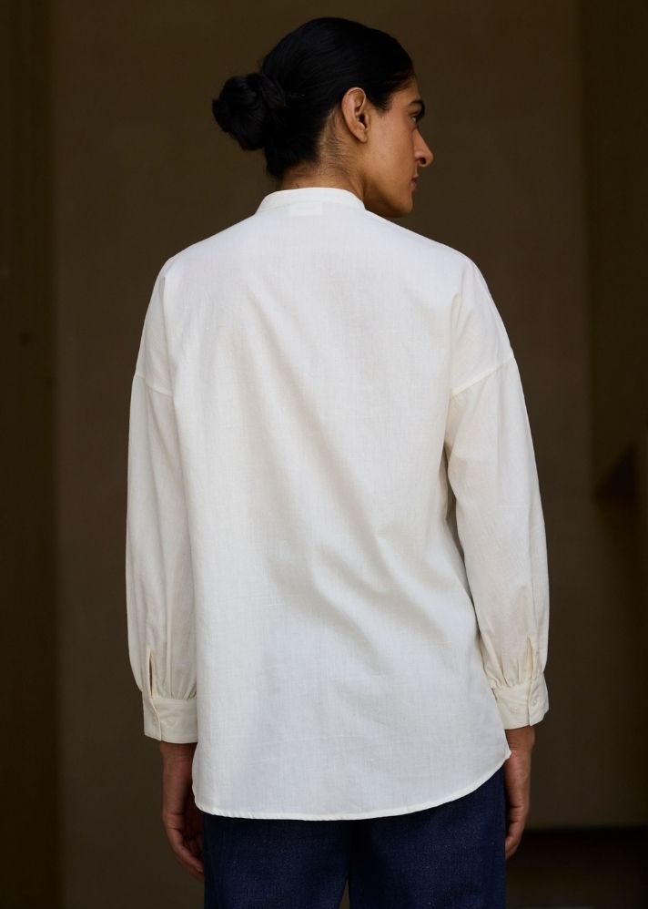 A Model Wearing White Handwoven Cotton Ryuk Handwoven Embroidered Shirt , curated by Only Ethikal