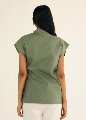 A Model Wearing Green Linen Green Linen Cap Sleeves Jacket, curated by Only Ethikal