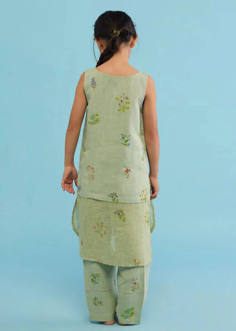Kids Aneya Patchwork Floral Linen Kurta Set- Mint
