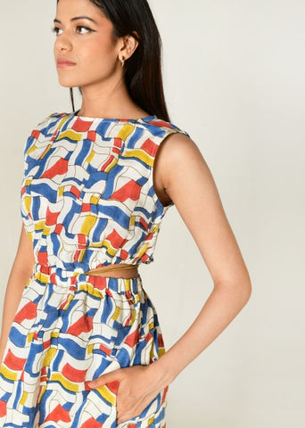A Model Wearing Multicolor Linen tencil Escher Side Cut Dress, curated by Only Ethikal