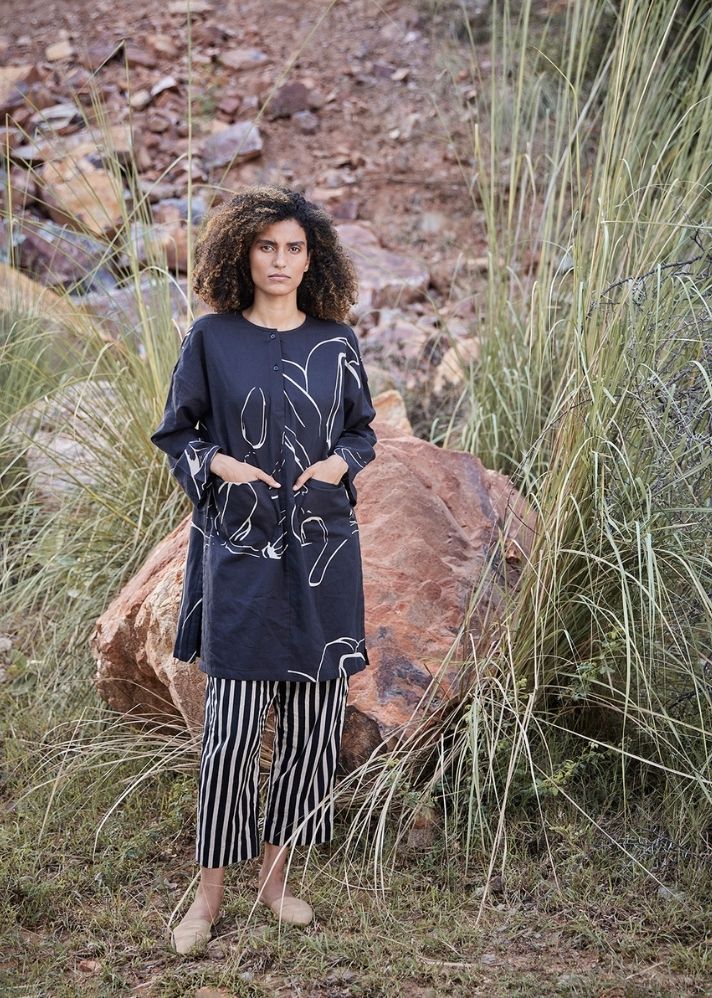 A Model Wearing Black Pure Cotton Under the Moon Co-ord Set,curated by Only Ethikal