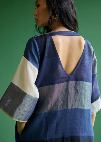 Lina Color-Blocked Linen Dress- Navy