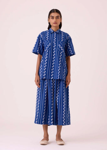 A Model Wearing Multicolor Handwoven Cotton Douglas Blue Striped Ikat Pants, curated by Only Ethikal