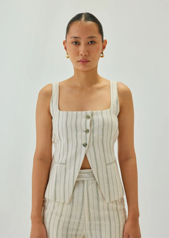 Linen Off White Striped Square Neck Waistcoat