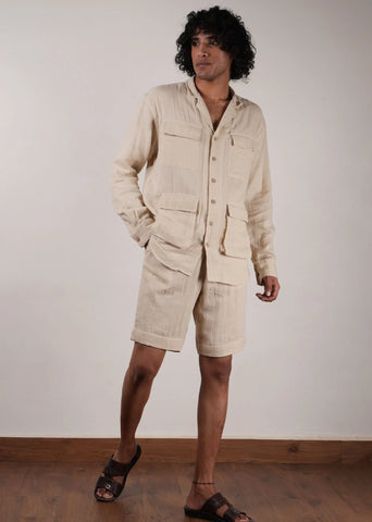 Men'S Cream Crush Cotton Pocket Shirt & Shorts Set (2 Pcs)